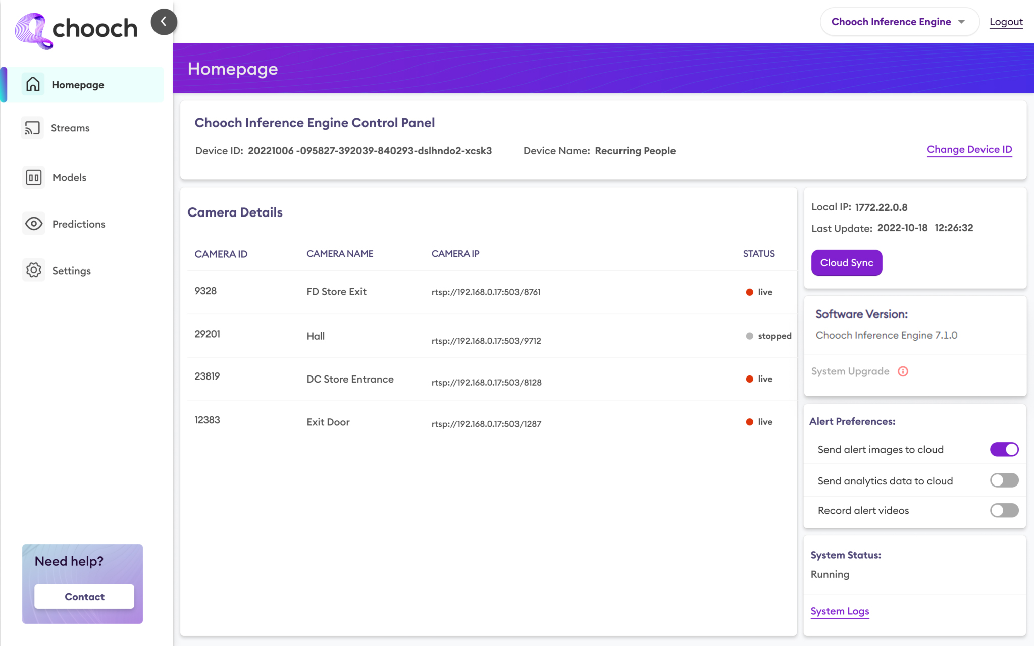 Chooch Inference Engine Control Panel