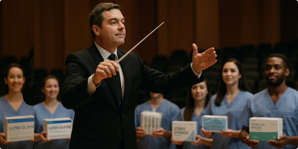 orchestra conductor leading healthcare workers holding boxes of medical supplies