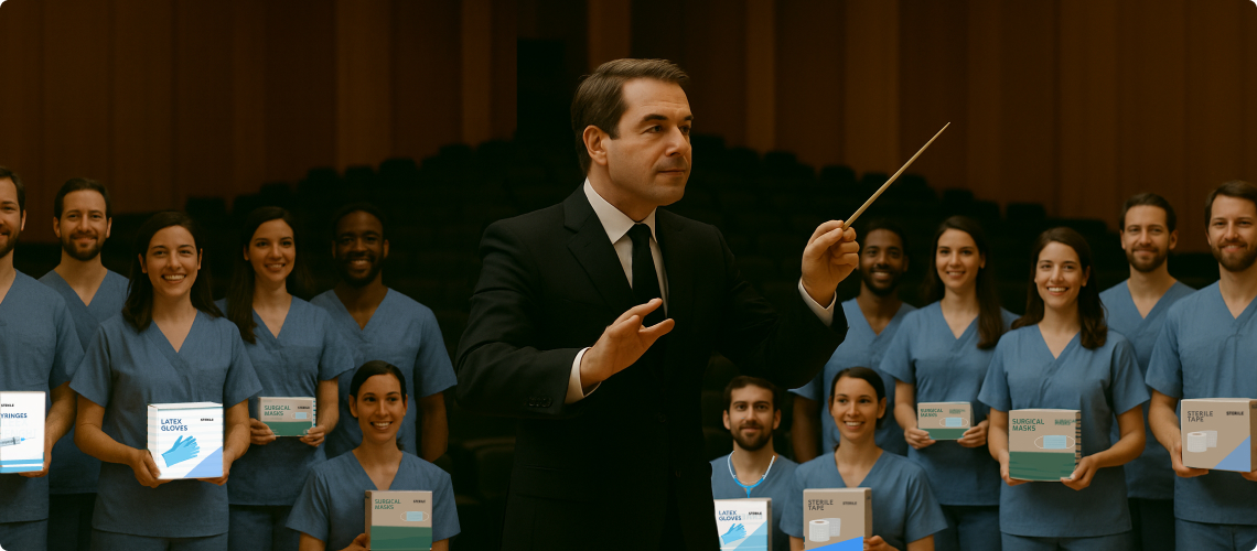 orchestra conductor leading healthcare workers holding boxes of medical supplies
