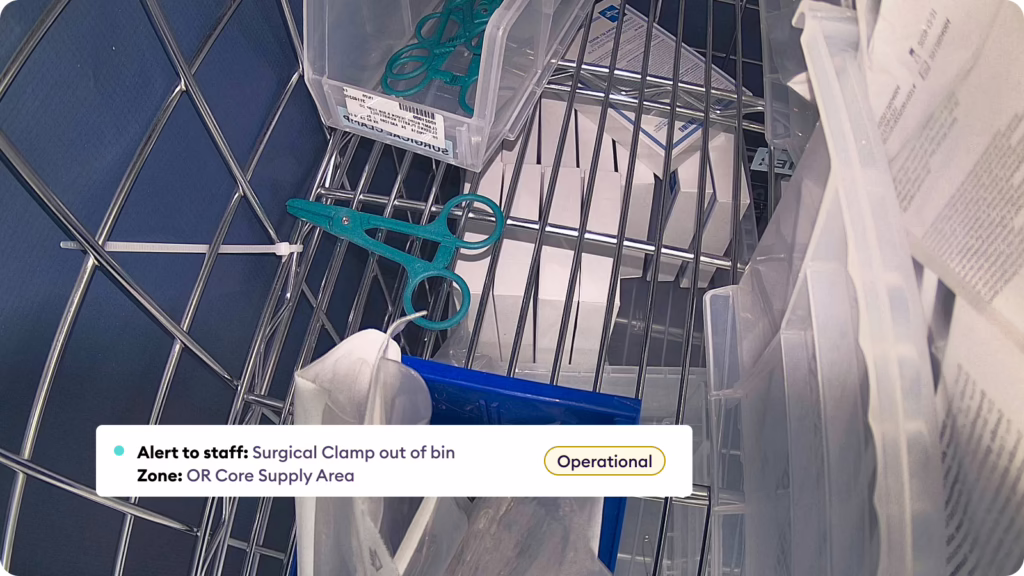 Smart camera detects a surgical clamp left outside its bin on a hospital supply shelf