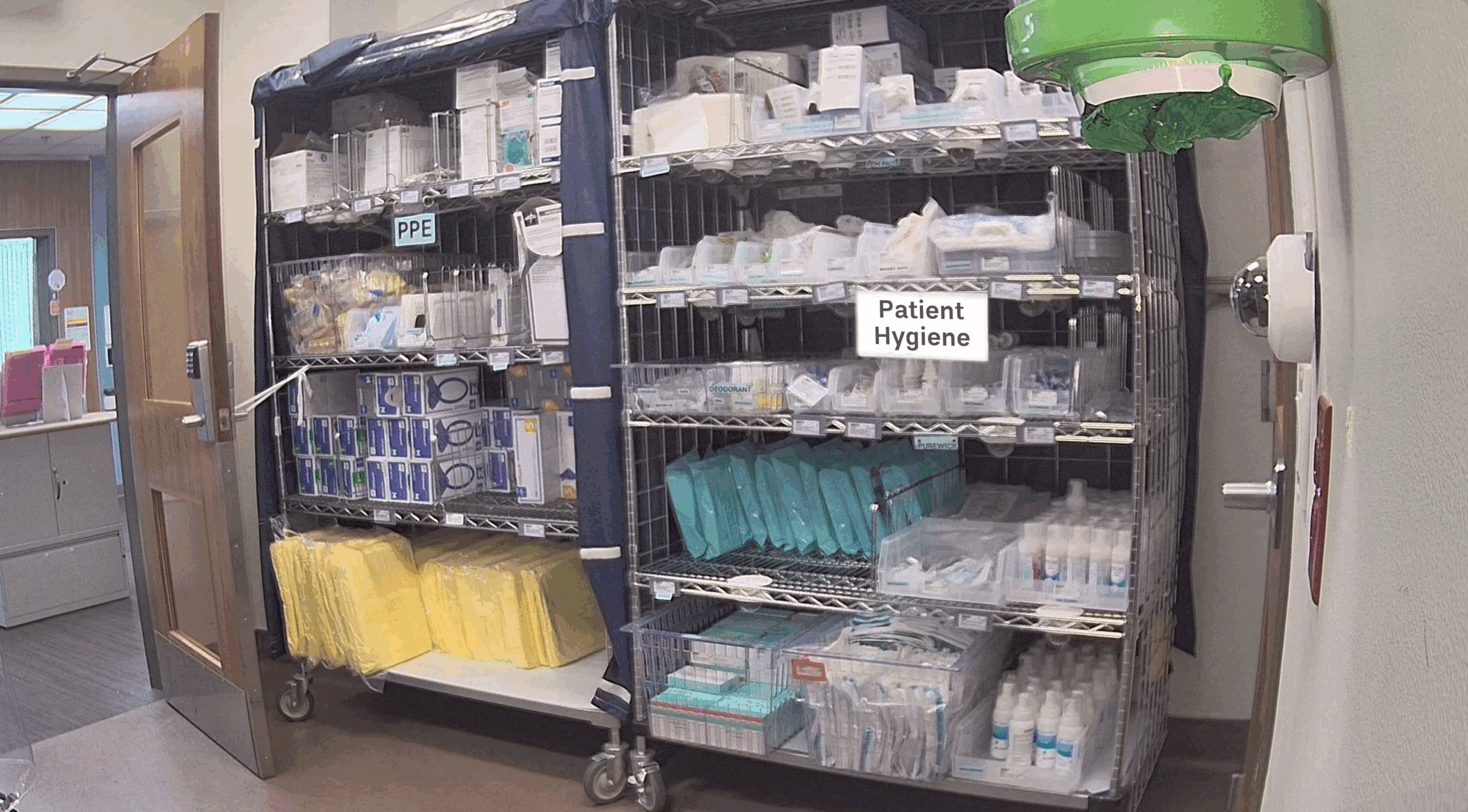 Hospital clean supply closet monitored by a ceiling-mounted smart camera for real-time inventory tracking