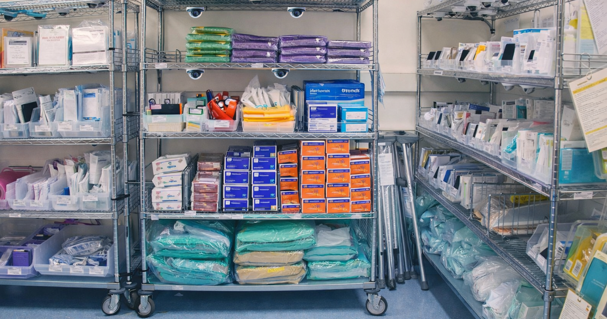 Organized hospital supply room with labeled bins, shelves, and medical supplies