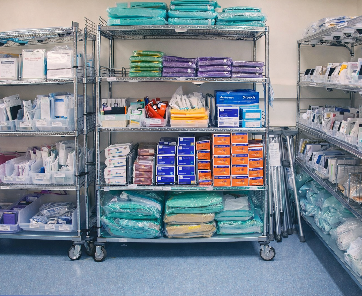 Organized hospital supply room with labeled bins, shelves, and medical supplies
